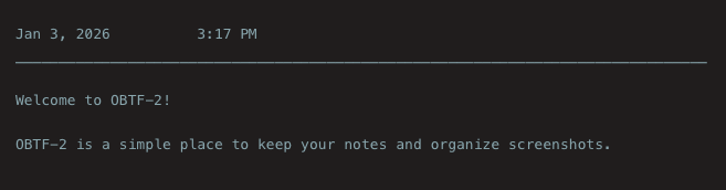 OBTF-2 Screenshot with a welcome message